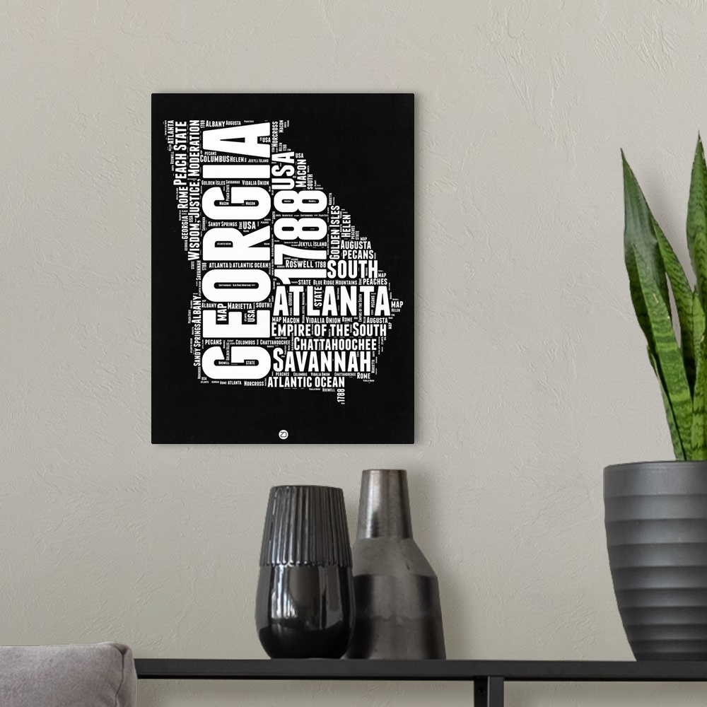 A modern room featuring Typography art map of the US state Georgia.