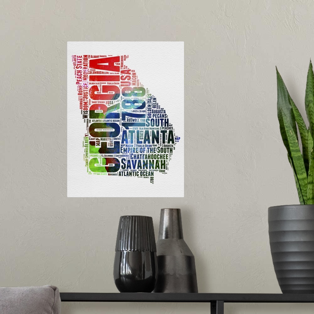 A modern room featuring Watercolor typography art map of the US state Georgia.