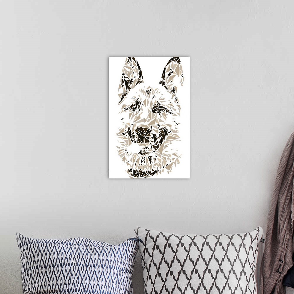 A bohemian room featuring A German Shepherd dog made up of triangular geometric shapes.