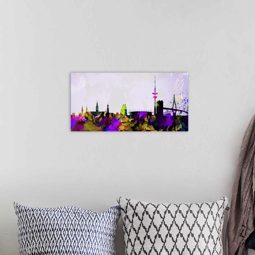 A bohemian room featuring Watercolor artwork of the silhouette of the Hamburg city skyline.