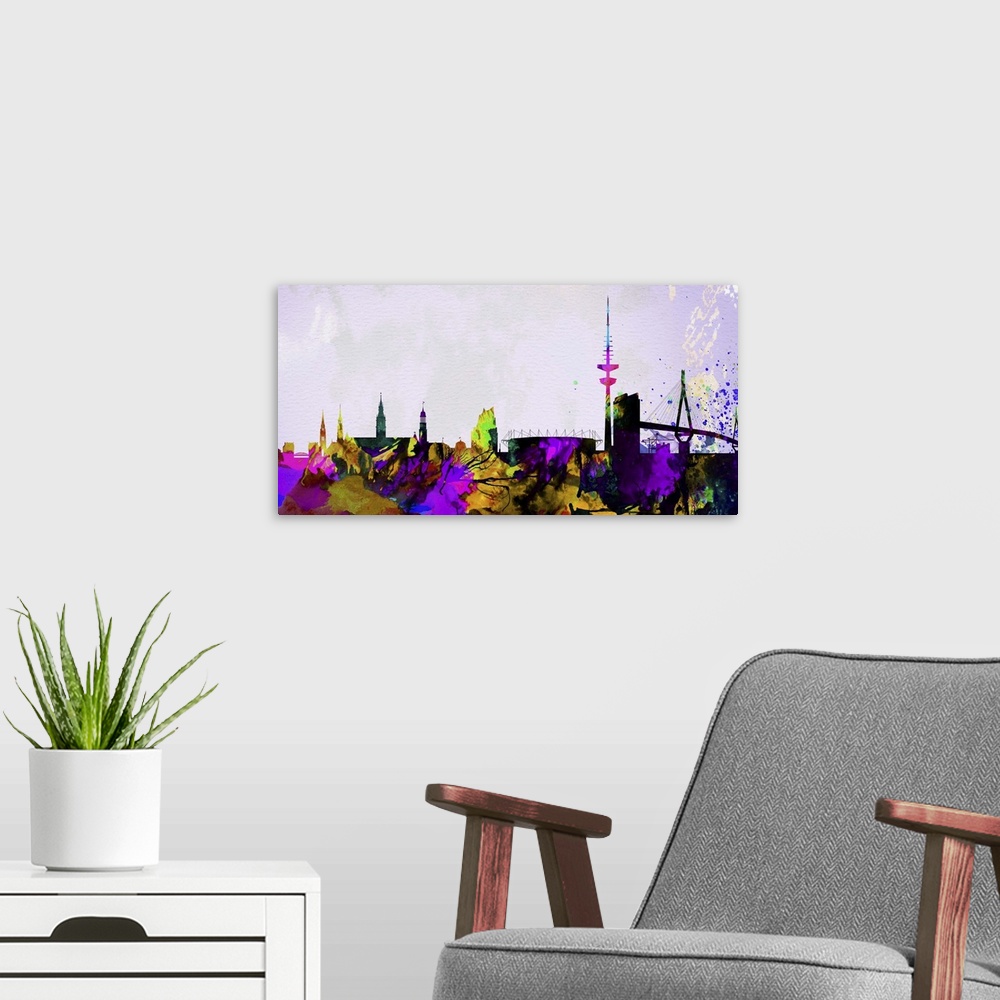 A modern room featuring Watercolor artwork of the silhouette of the Hamburg city skyline.