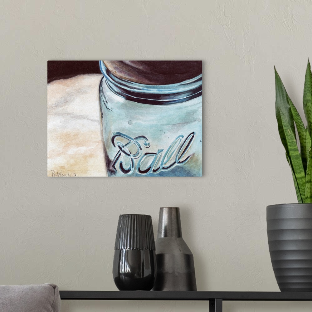 A modern room featuring Contemporary painting of a close view of a glass jar.