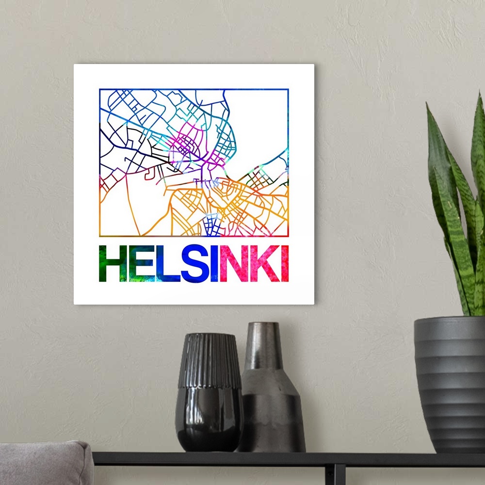 A modern room featuring Colorful map of the streets of Helsinki, Finland.