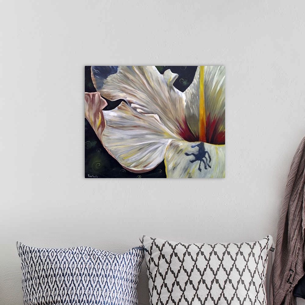 A bohemian room featuring A painting of a close-up view of a white hibiscus.