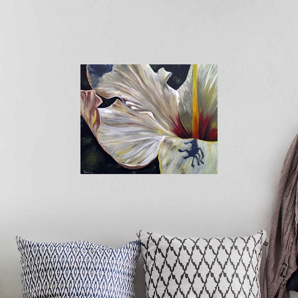 A bohemian room featuring A painting of a close-up view of a white hibiscus.