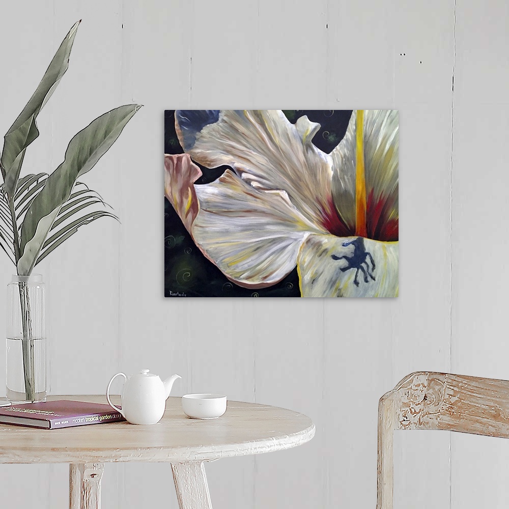 A farmhouse room featuring A painting of a close-up view of a white hibiscus.