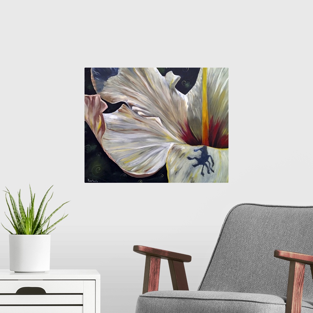 A modern room featuring A painting of a close-up view of a white hibiscus.