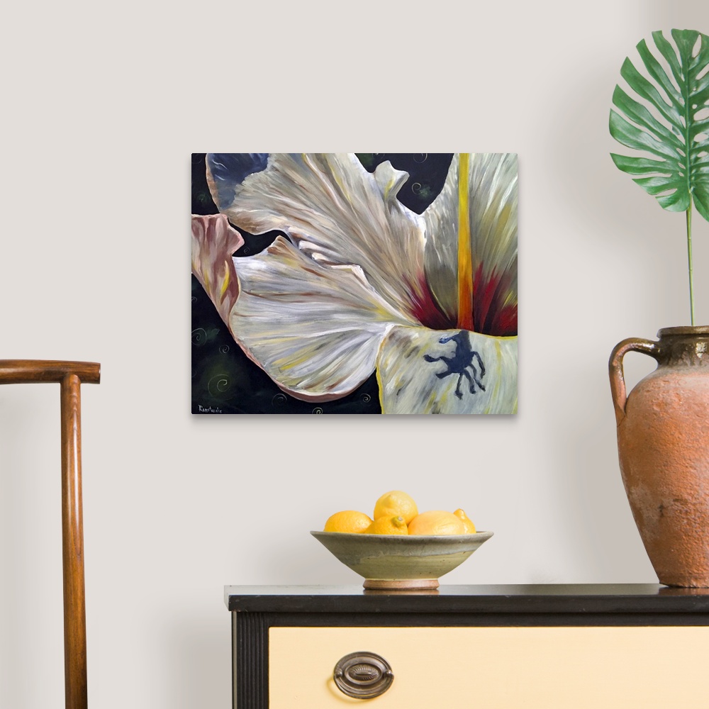 A traditional room featuring A painting of a close-up view of a white hibiscus.