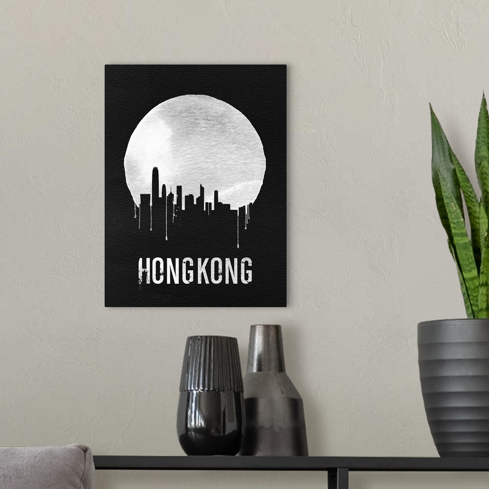 A modern room featuring Contemporary watercolor artwork of the Hong Kong city skyline, in silhouette.
