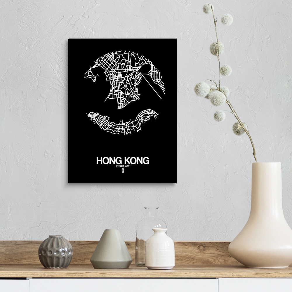 A farmhouse room featuring Minimalist art map of the city streets of Hong Kong in black and white.