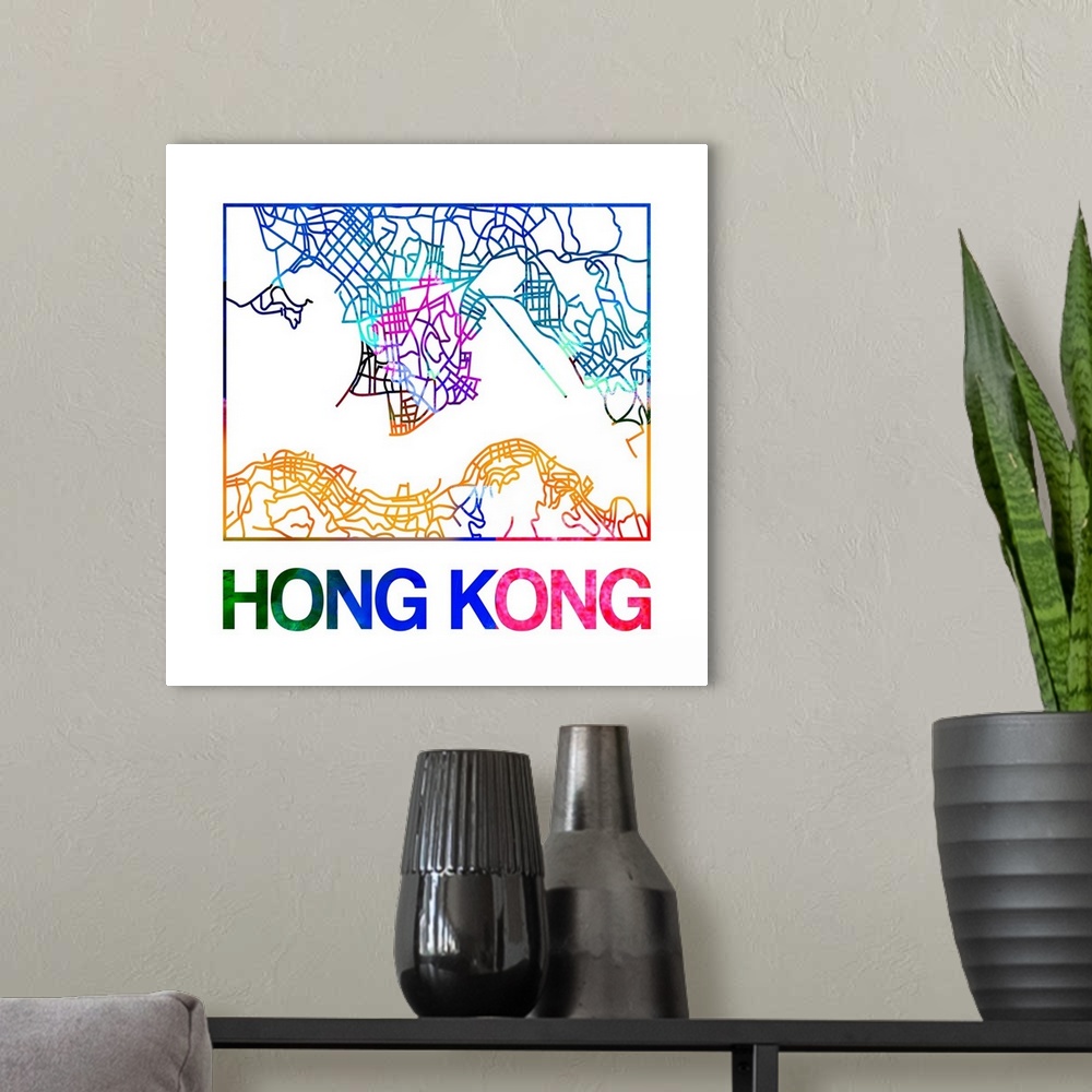 A modern room featuring Colorful map of the streets of Hong Kong.