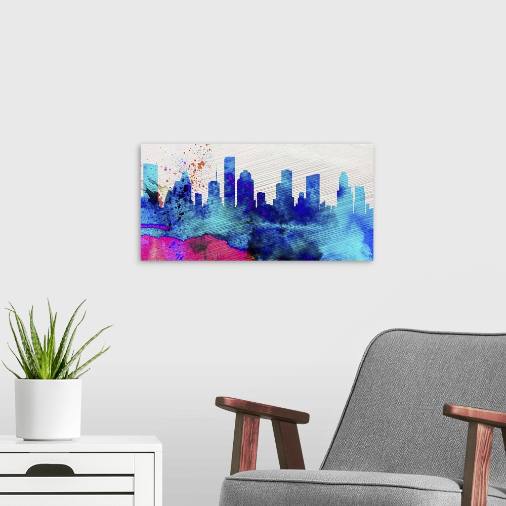 A modern room featuring Houston City Skyline