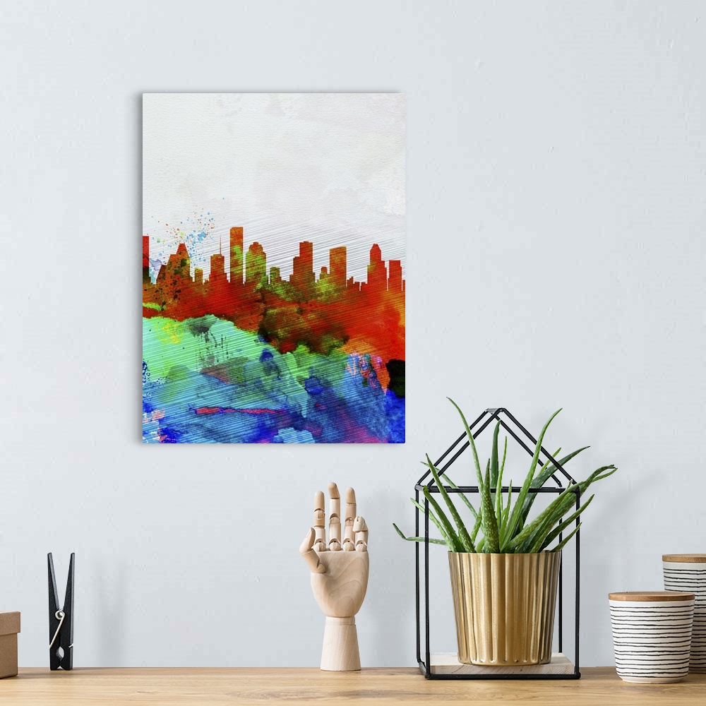 A bohemian room featuring Houston Watercolor Skyline