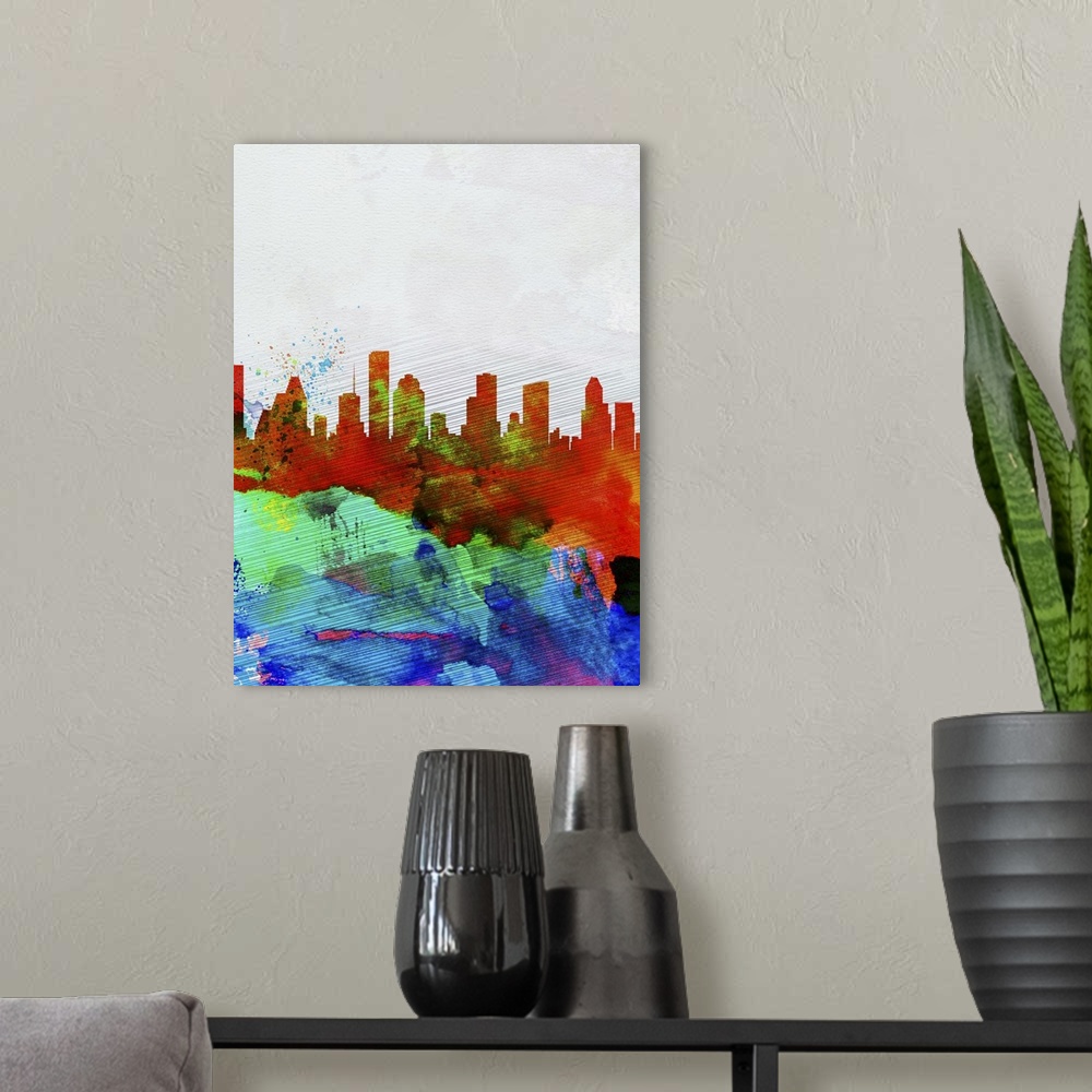 A modern room featuring Houston Watercolor Skyline