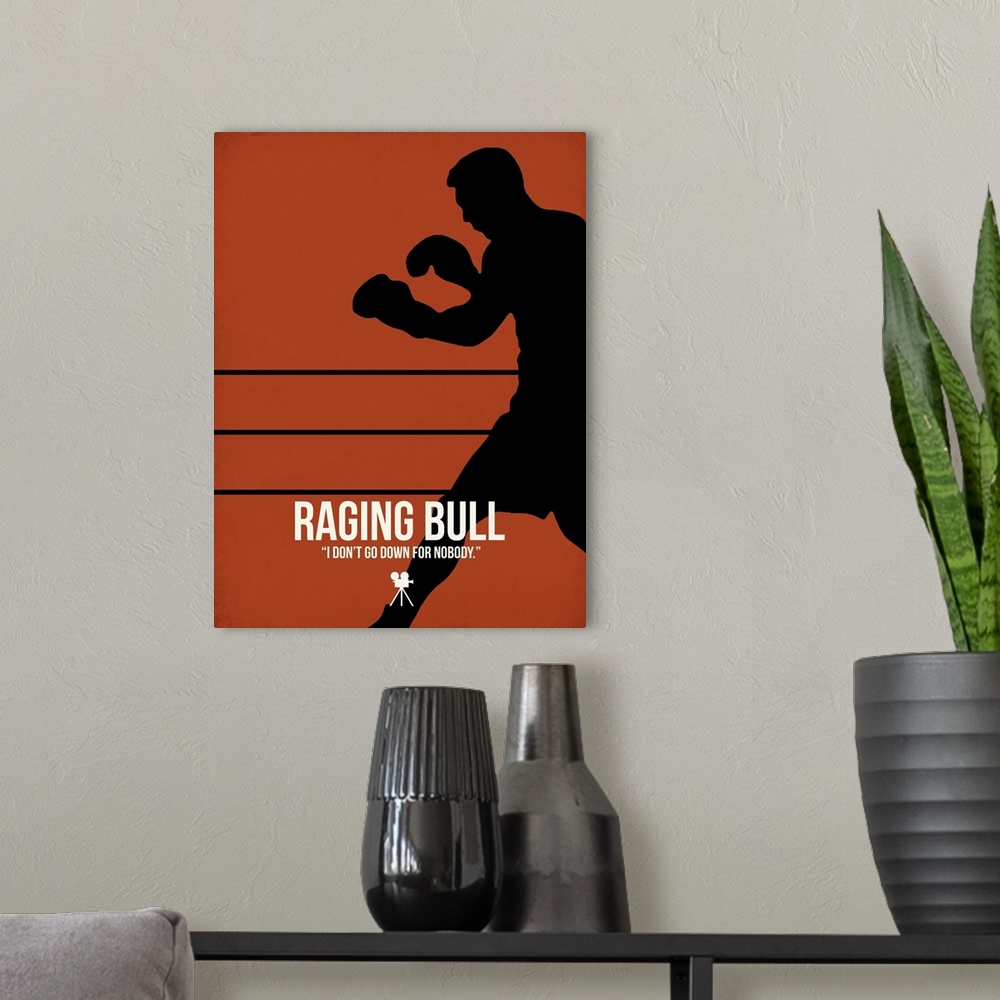 A modern room featuring Contemporary minimalist movie poster artwork of Raging Bull.