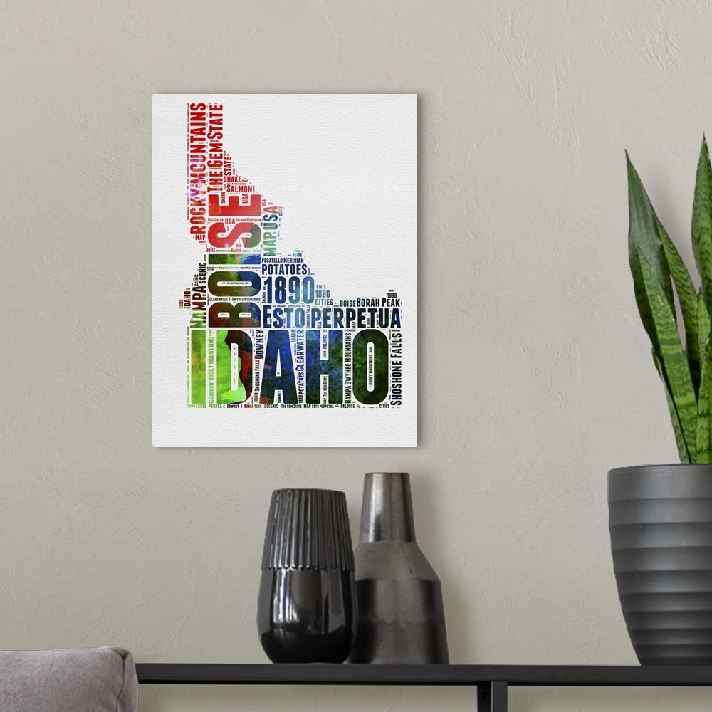 A modern room featuring Watercolor typography art map of the US state Idaho.