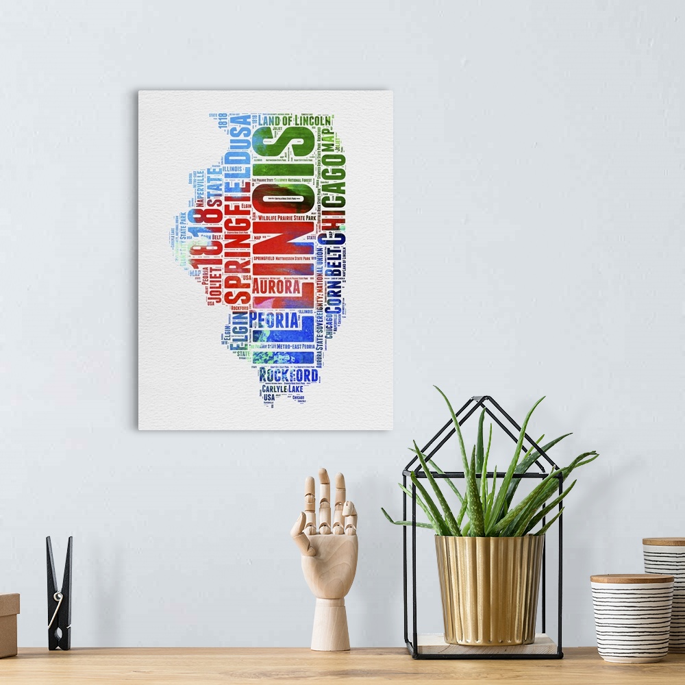 A bohemian room featuring Watercolor typography art map of the US state Illinois.