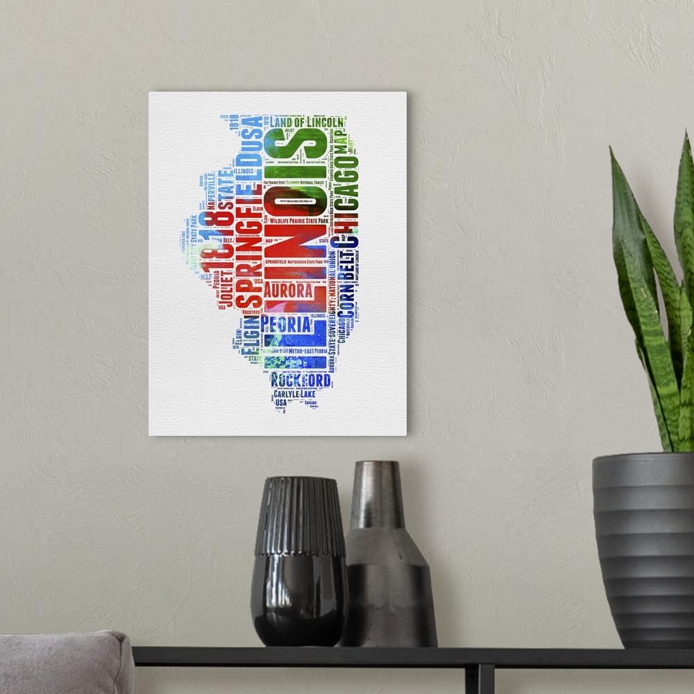 A modern room featuring Watercolor typography art map of the US state Illinois.