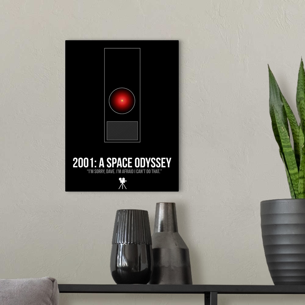 A modern room featuring Contemporary minimalist movie poster artwork of 2001: A Space Odyssey.