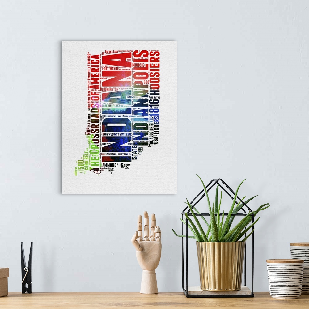 A bohemian room featuring Watercolor typography art map of the US state Indiana.