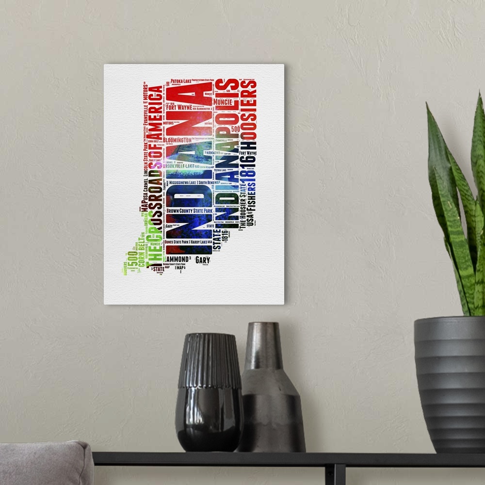 A modern room featuring Watercolor typography art map of the US state Indiana.
