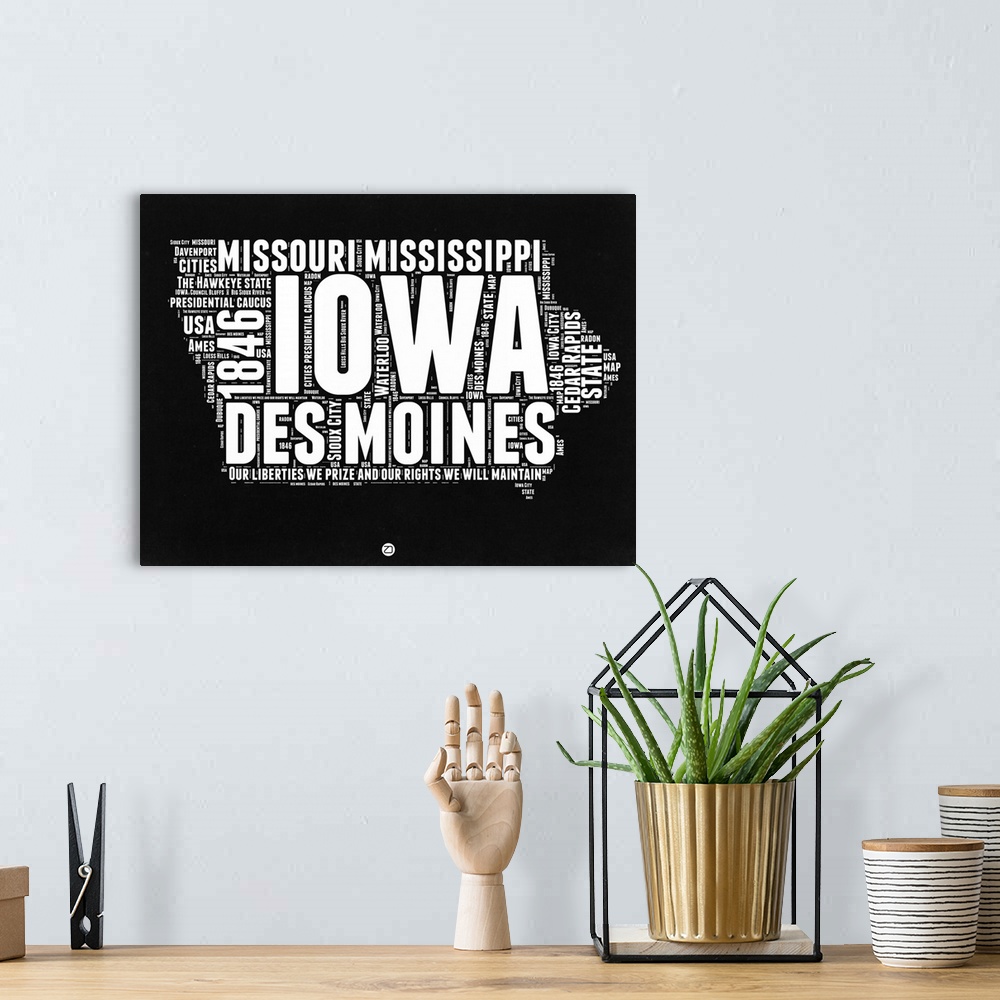 A bohemian room featuring Typography art map of the US state Iowa.
