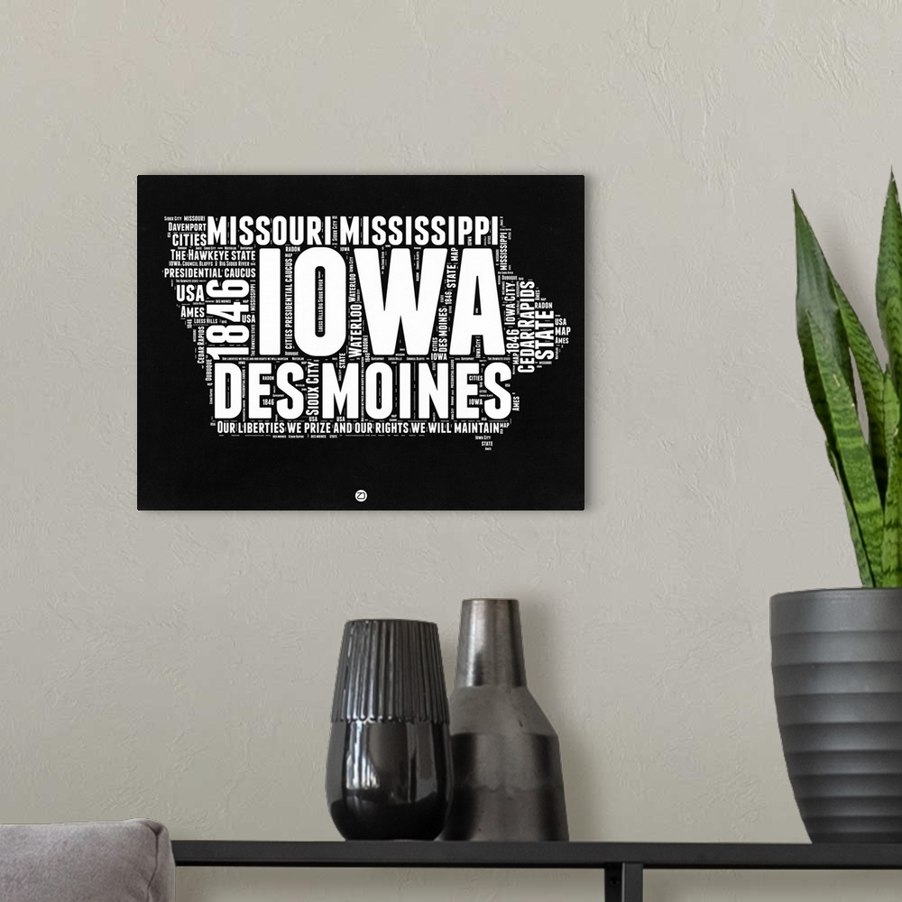 A modern room featuring Typography art map of the US state Iowa.