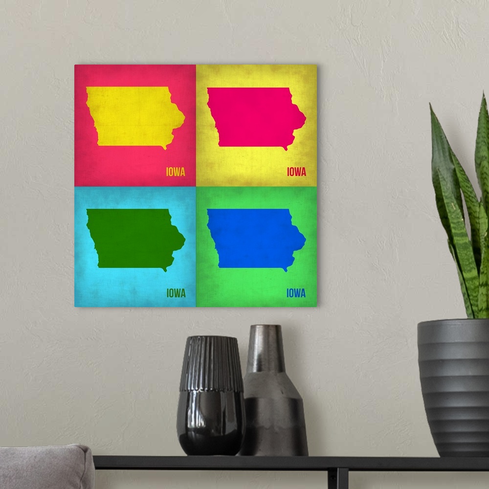 A modern room featuring Iowa Pop Art Map I