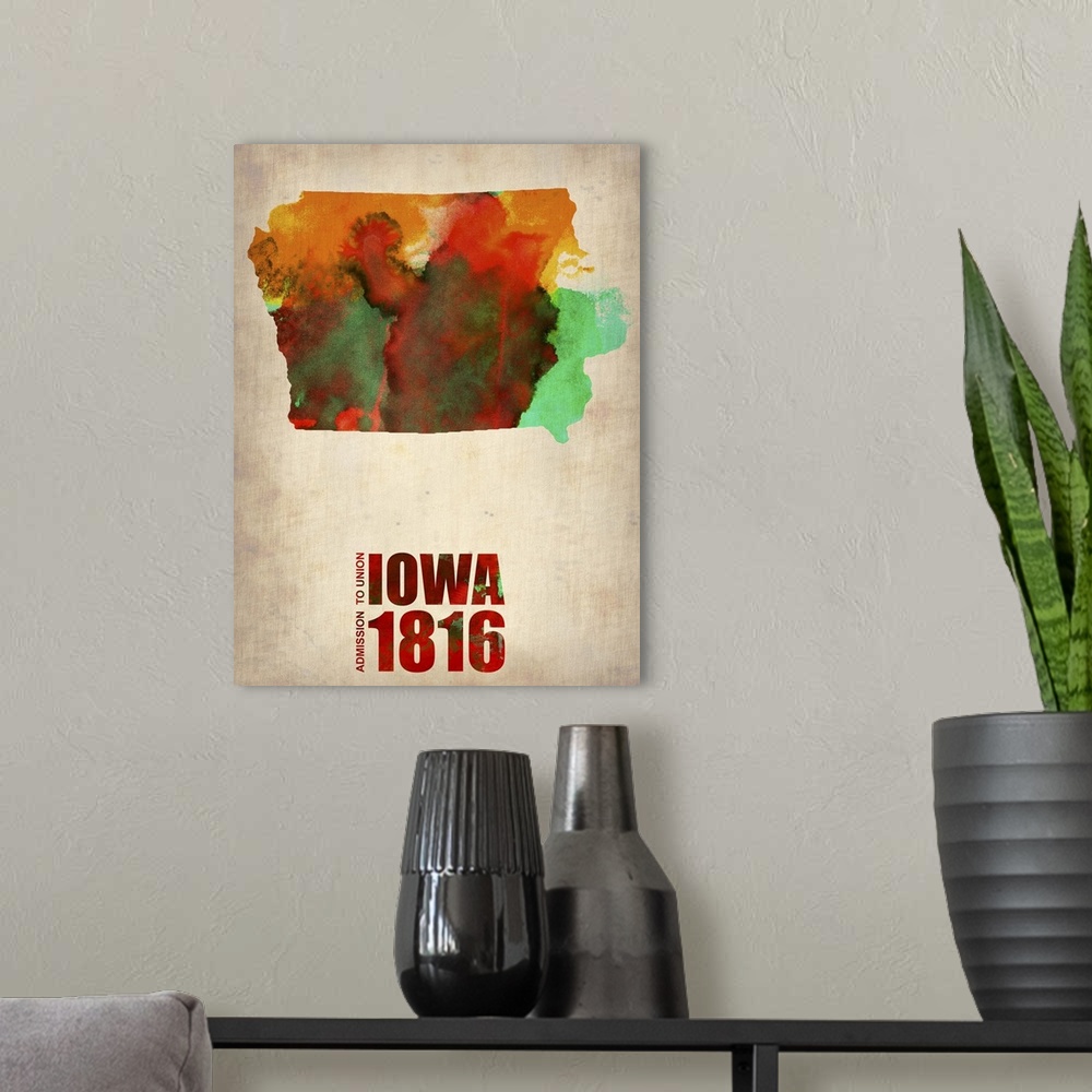 A modern room featuring Iowa Watercolor Map