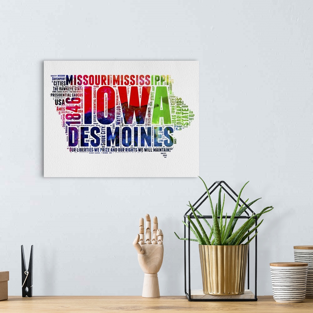 A bohemian room featuring Watercolor typography art map of the US state Iowa.