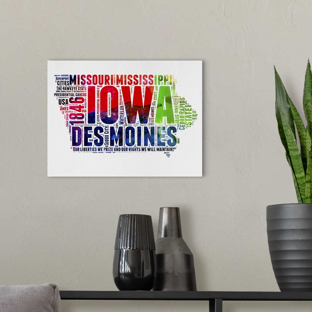 A modern room featuring Watercolor typography art map of the US state Iowa.