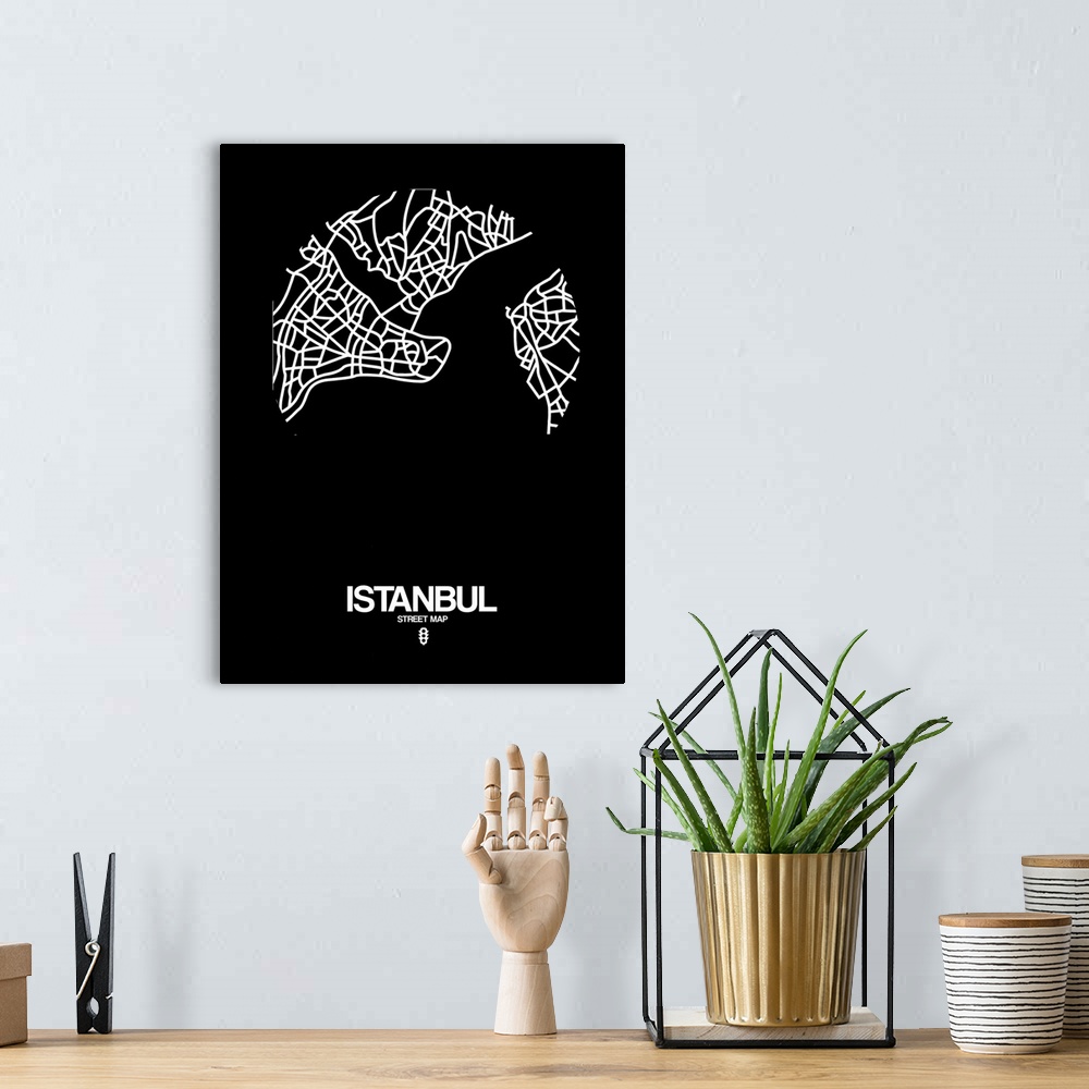 A bohemian room featuring Minimalist art map of the city streets of Istanbul in black and white.