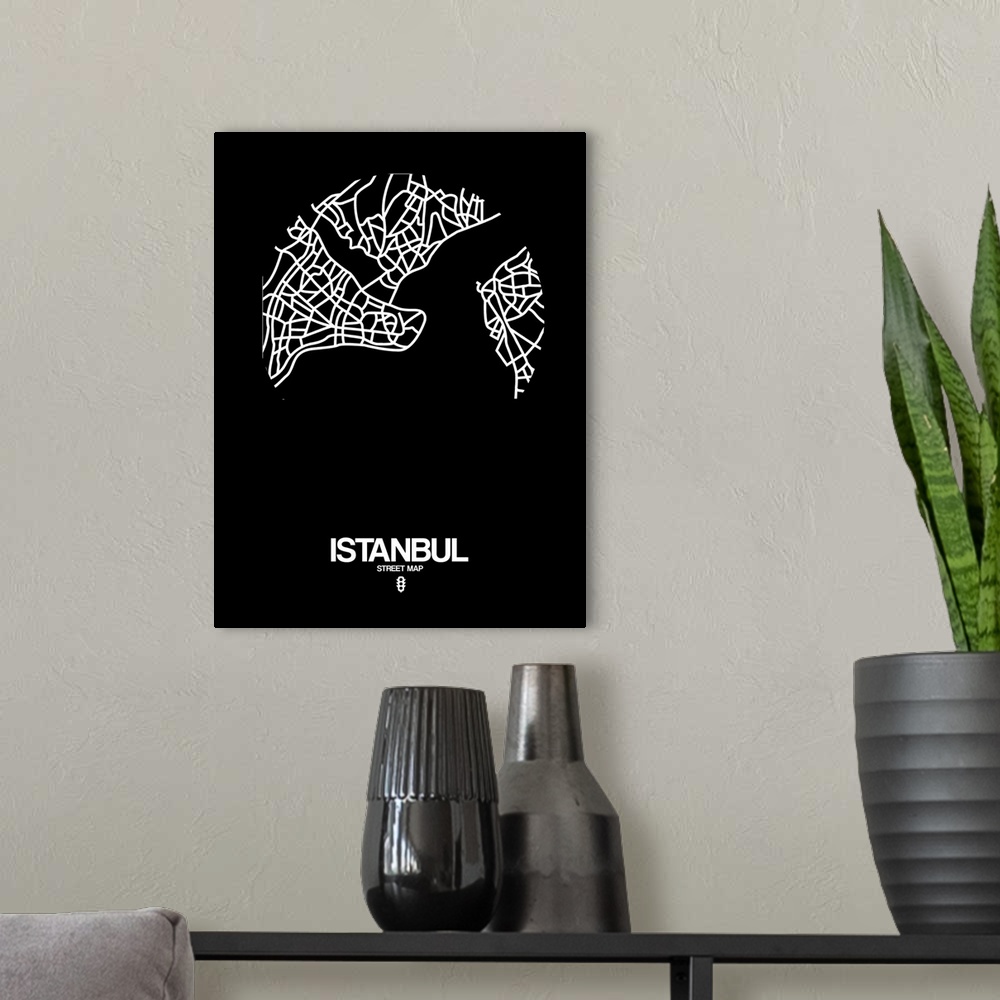 A modern room featuring Minimalist art map of the city streets of Istanbul in black and white.