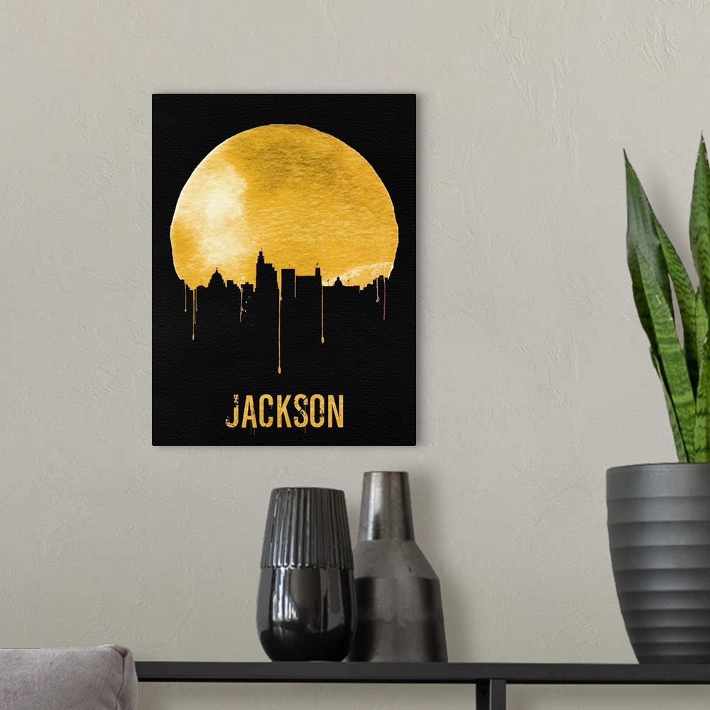A modern room featuring Contemporary watercolor artwork of the Jackson city skyline, in silhouette.