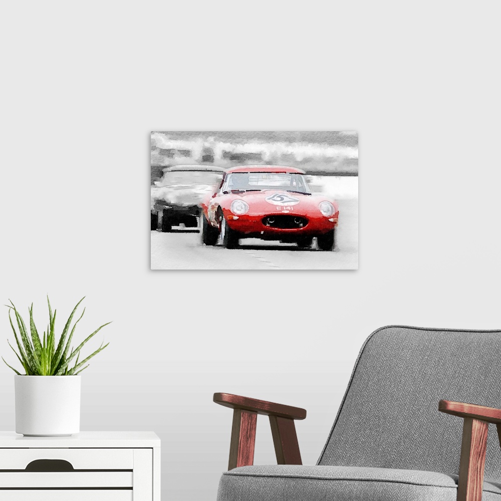 A modern room featuring Jaguar E-Type Racing Watercolor