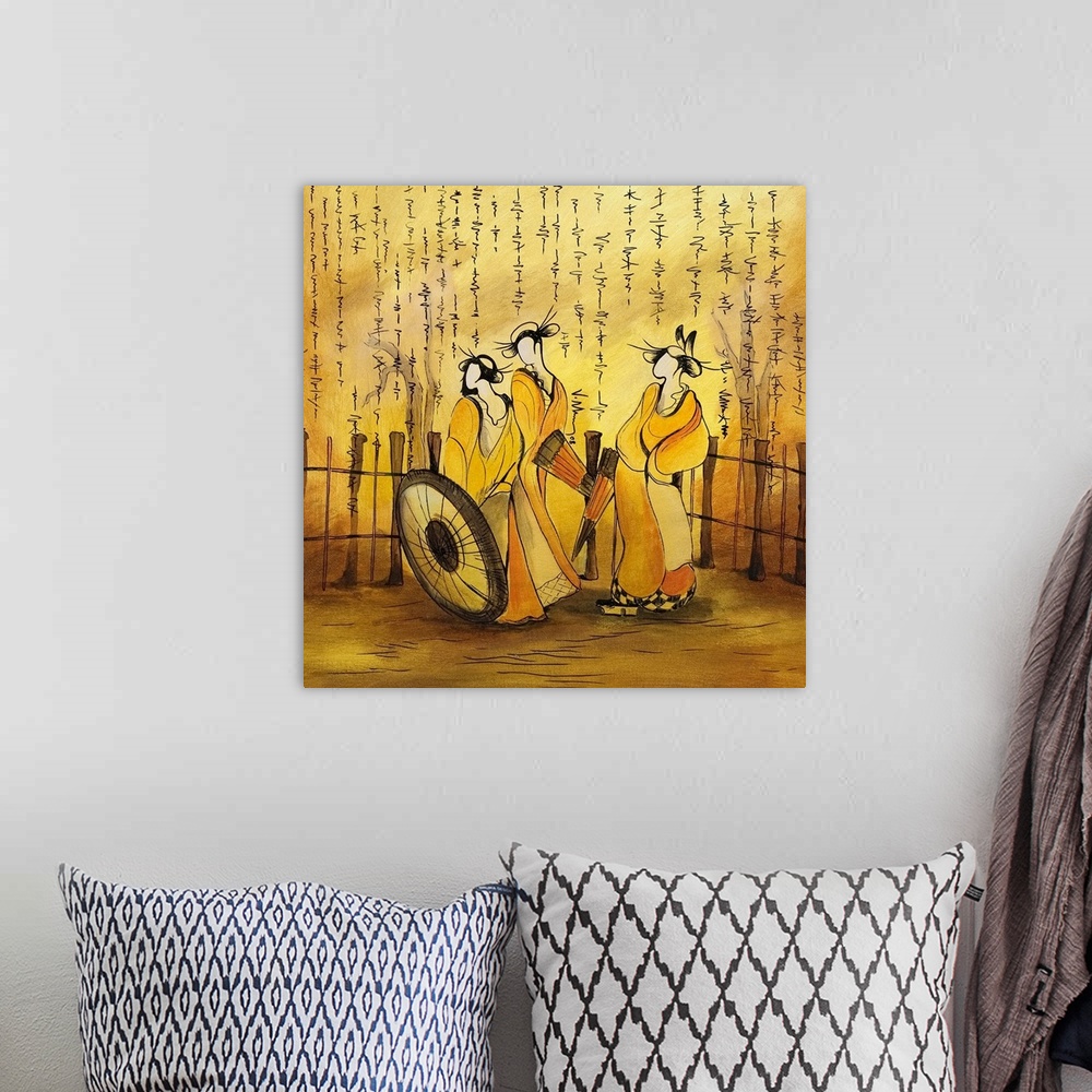 A bohemian room featuring Square photo on canvas of three stylized women drawn on canvas with Japanese writing at the top.