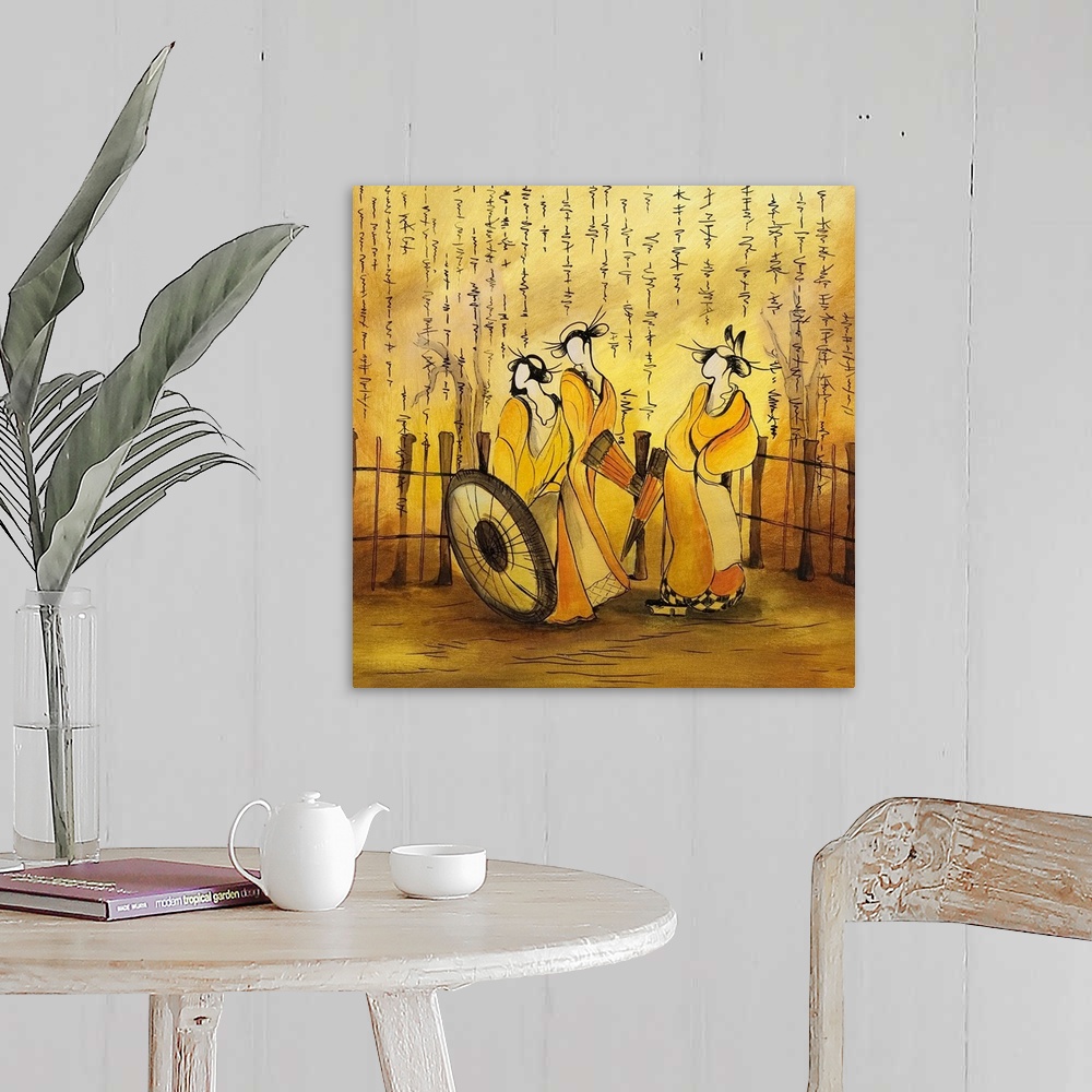A farmhouse room featuring Square photo on canvas of three stylized women drawn on canvas with Japanese writing at the top.