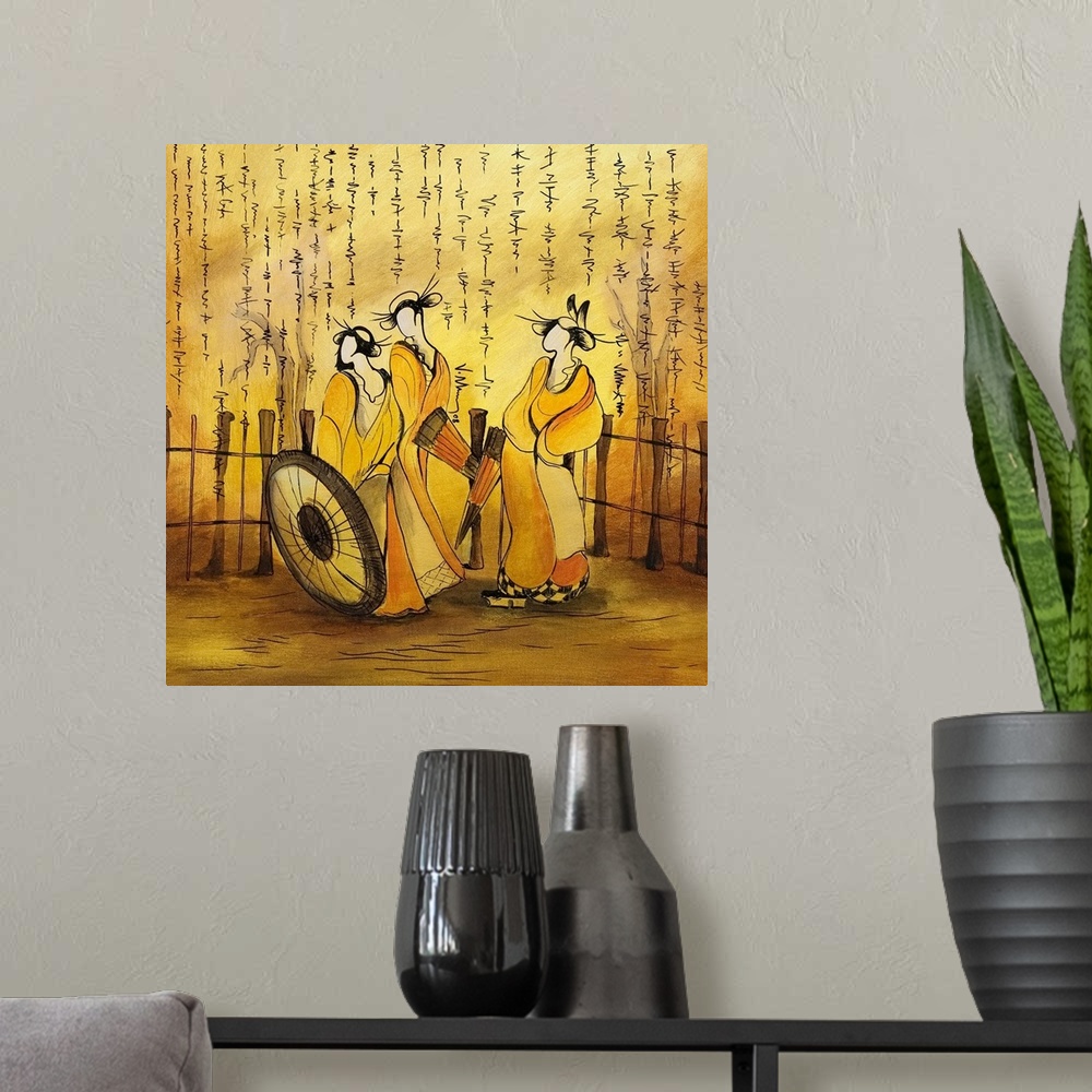 A modern room featuring Square photo on canvas of three stylized women drawn on canvas with Japanese writing at the top.