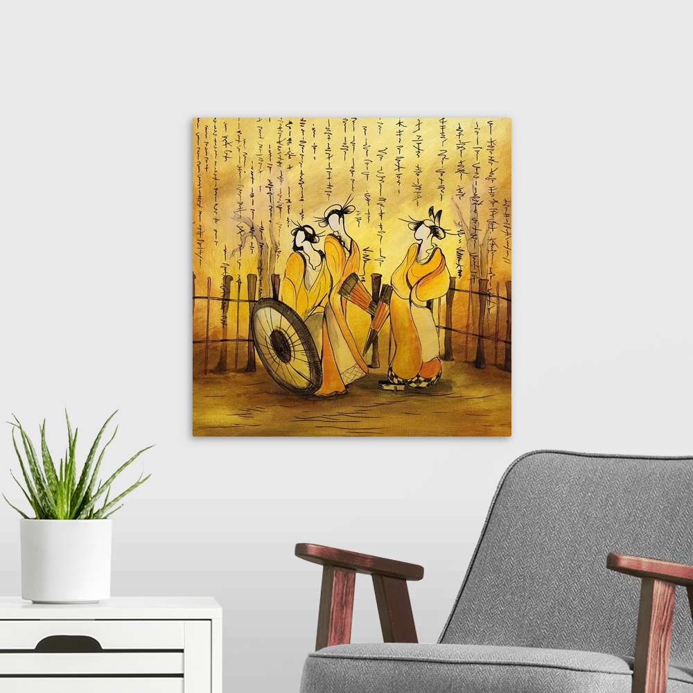 A modern room featuring Square photo on canvas of three stylized women drawn on canvas with Japanese writing at the top.