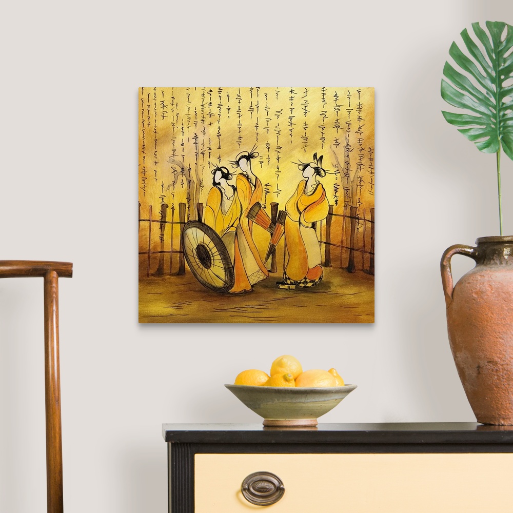 A traditional room featuring Square photo on canvas of three stylized women drawn on canvas with Japanese writing at the top.