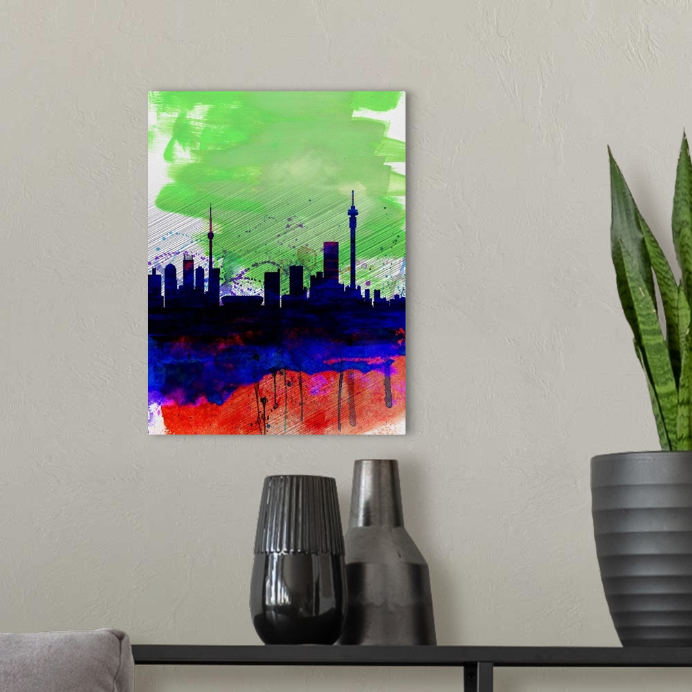 A modern room featuring Johannesburg Watercolor Skyline