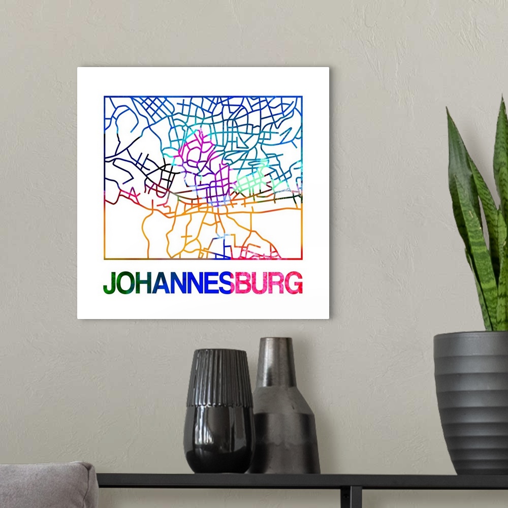 A modern room featuring Colorful map of the streets of Johannesburg, South Africa.