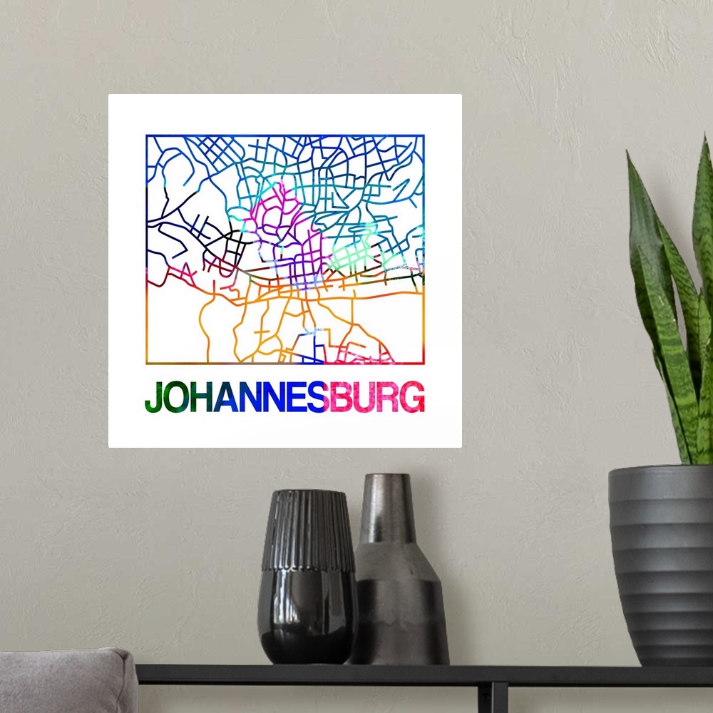 A modern room featuring Colorful map of the streets of Johannesburg, South Africa.