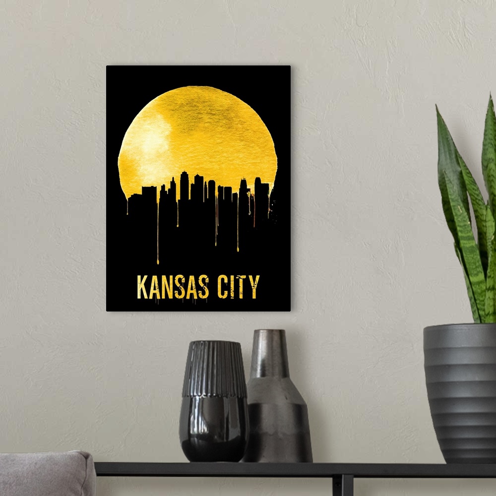 A modern room featuring Contemporary watercolor artwork of the Kansas city skyline, in silhouette.