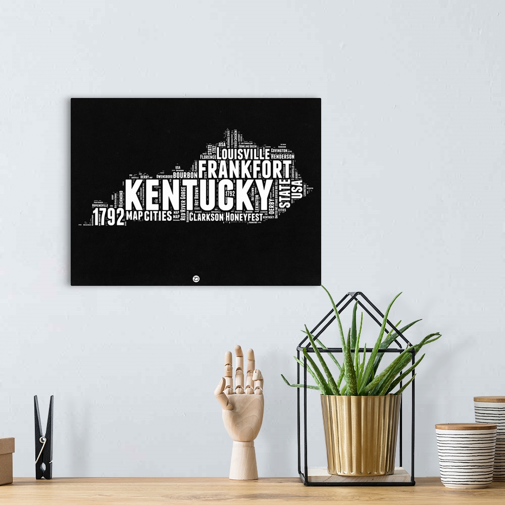 A bohemian room featuring Typography art map of the US state Kentucky.