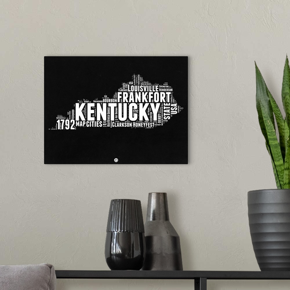 A modern room featuring Typography art map of the US state Kentucky.