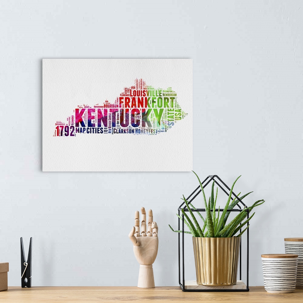 A bohemian room featuring Watercolor typography art map of the US state Kentucky.