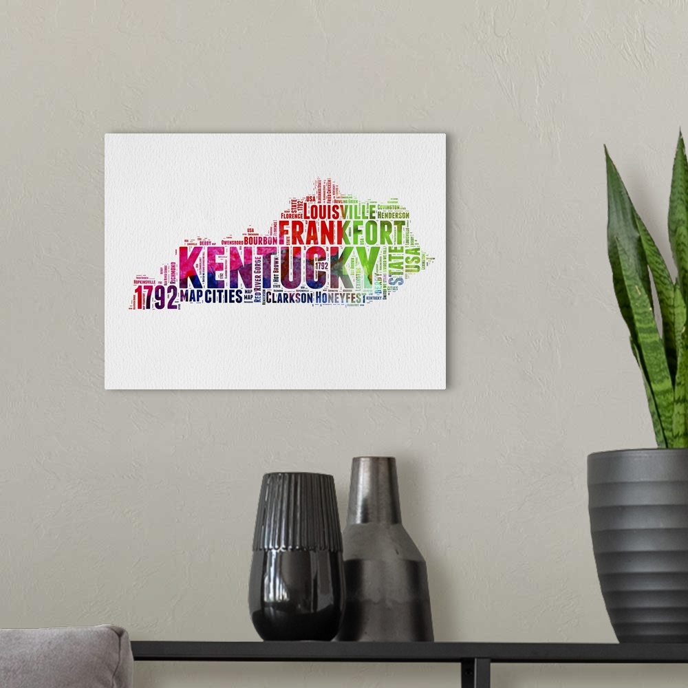 A modern room featuring Watercolor typography art map of the US state Kentucky.