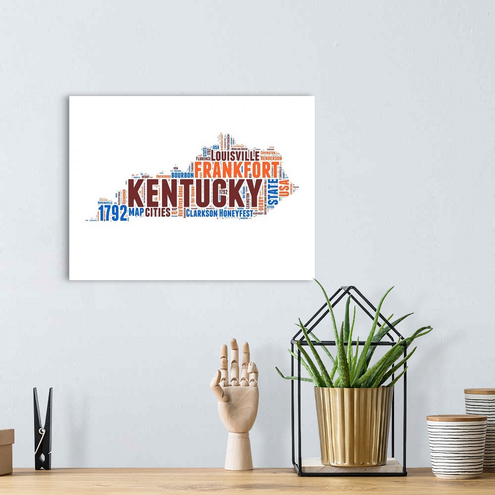 A bohemian room featuring Typography art map of the US state Kentucky.