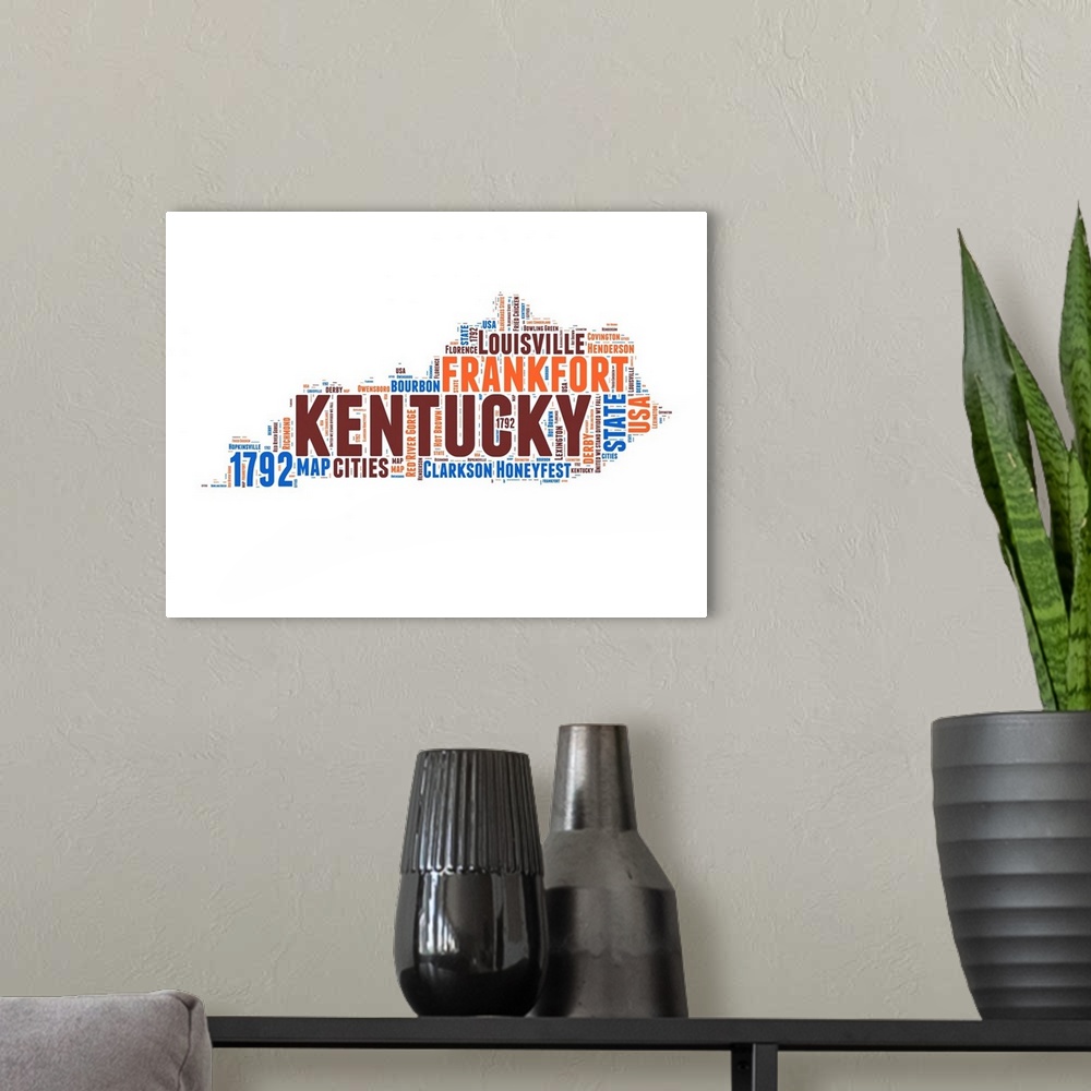 A modern room featuring Typography art map of the US state Kentucky.